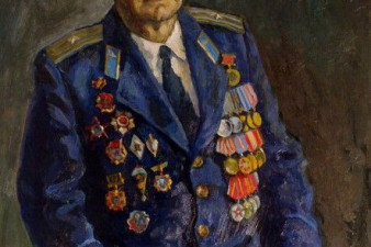 А. П. Коробицын – ветеран ВОВ, десантник. 1995. ДВП, масло. 110х90. ВОКГ